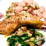 Crispy chicken with leeks, spinach and parmesan and butter beans with pancetta